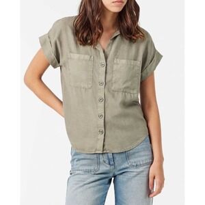 Bella Dahl Women Olive Green Tencel Short Sleeve Button Down Shirt Size L